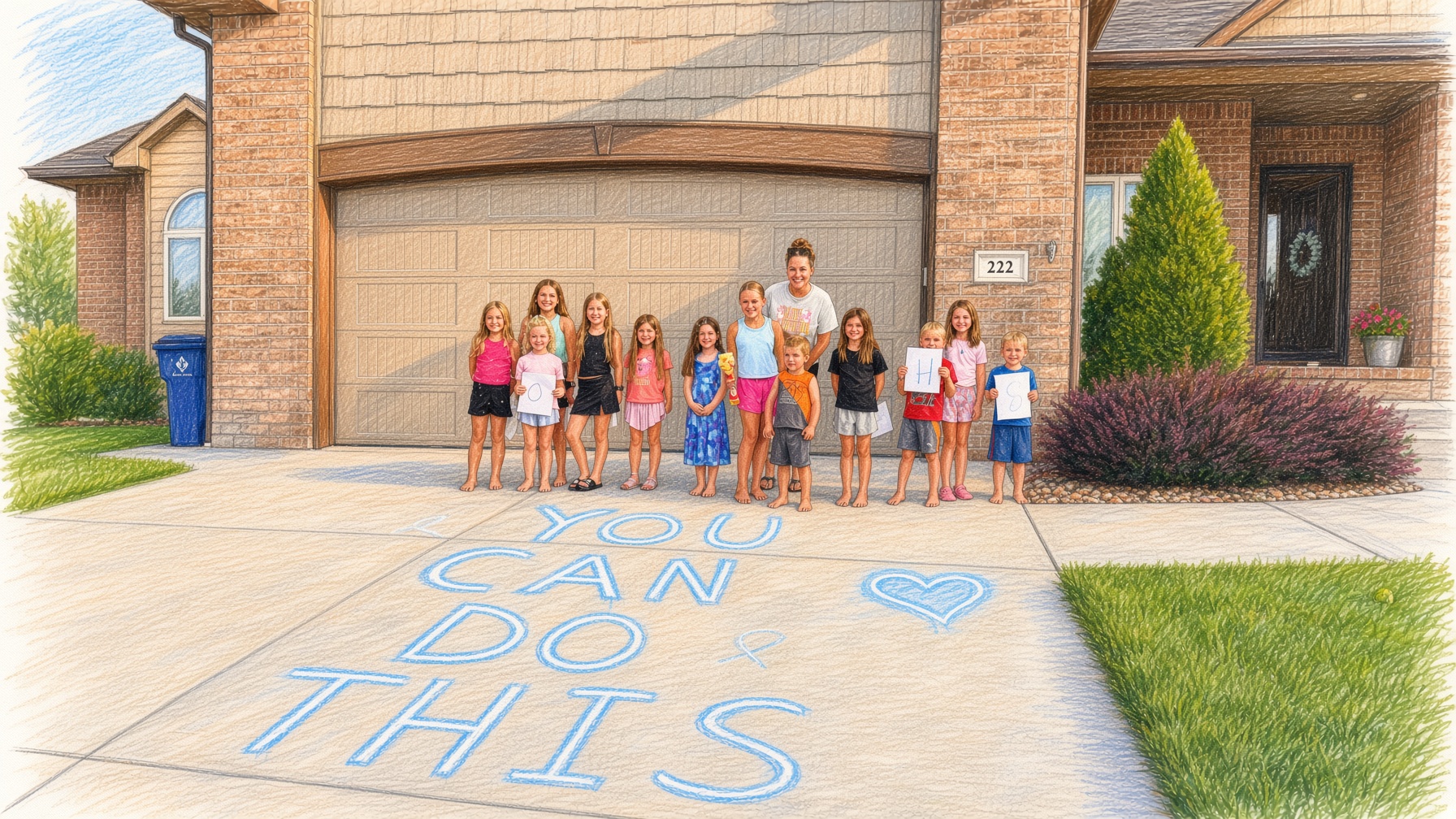 Kids in the driveway with YOU CAN DO THIS written in chalk